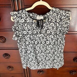 Black and White Floral Ruffle Blouse